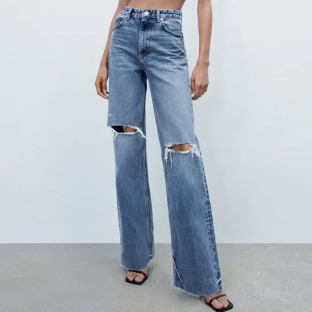 Zara High Rise Wide Leg Full Length Ripped TRF Jeans Sz 4